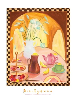 Vaaleanpunainen teehetki, 73x60 cm, akryylimaalaus, Pia Rydman